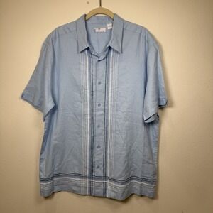Cafe‎ Luna Mens Linen Blend Button Up L Shirt Light Blue Striped Bohemian Beach